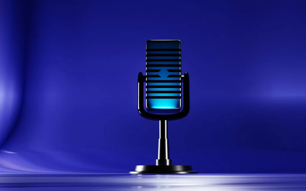 A microphone on a stand on a blue background